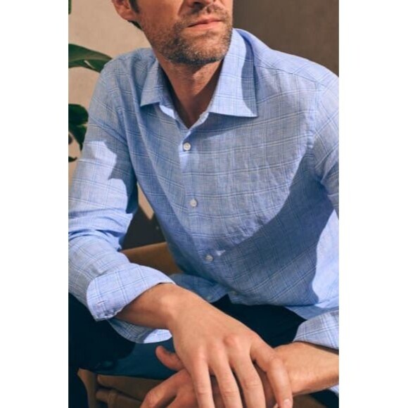 FAHERTY Shirt Reserve Linen Button Up Top Azure Glen Blue Plaid Preppy Size 2XL - Picture 2 of 10